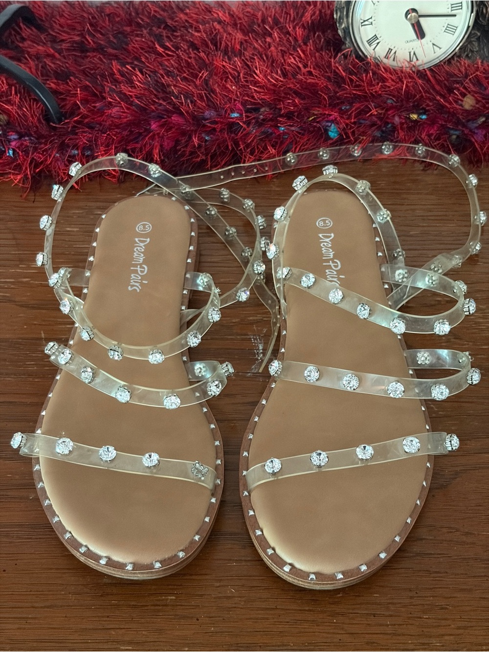 Dream Pairs Clear Crystal-Strap Flat Sandals - Brown Footbed
